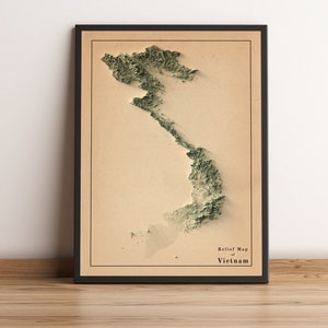 Vietnam Karte, Vietnam 2D Reliefkarte, Vietnam Vintage Karte, Vietnam Wandkunst, Vietnam Minimalistische gerahmte Karte, Vietnam Geschenk - 2D FLACHDRUCK