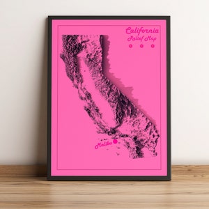 Kaart roze reliëf Californië, Malibu roze 2D-reliëfkaart, kaart Malibu minimalistische kaart, kaart Malibu Californië, poster Malibu pop - 2D FLAT PRINT