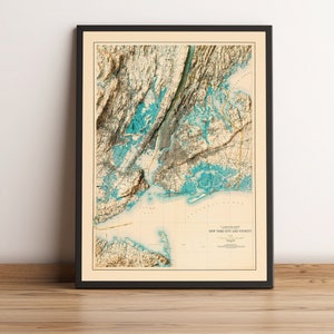 New York Map, New York 2D Relief Map, NY Vintage Map, New York Print, NY Wall Art, New York Framed Map, NY Gift - 2D Flat Print