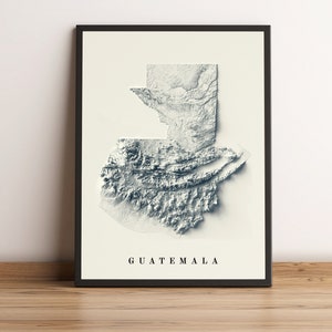 Carte du Guatemala, carte en relief 2D du Guatemala, impression du Guatemala, affiche du Guatemala, carte vintage du Guatemala, carte minimaliste du Guatemala - impression 2D à plat