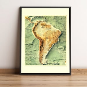 Kaart van Zuid-Amerika, 2D-reliëfkaart van Zuid-Amerika, bathymetrische kaart van Zuid-Amerika, vintage kaart van Zuid-Amerika - 2D FLAT PRINT