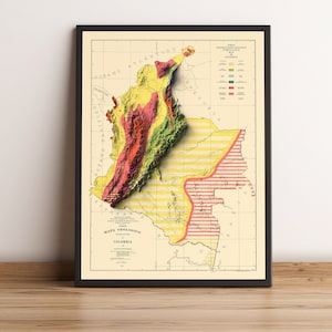 Kaart van Colombia, 2D-reliëfkaart van Colombia, vintage kaart van Colombia, antieke kaart van Colombia, kunst aan de muur van Colombia, cadeau van Colombia - 2D PLATTE PRINT