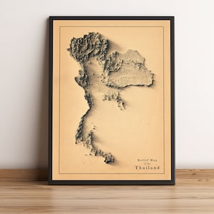 Thailand Karte, Thailand 2D Reliefkarte, Thailand Vintage Karte, Thailand Wandkunst, Thailand alte Karte, Thailand Geschenk - 2D FLACHDRUCK