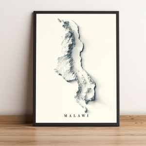 Malawi Landkarte, Malawi 2D Reliefkarte, Malawi Vintage Poster Karte, Malawi Wandkunst, Malawi Geschenk - 2D FLACHDRUCK