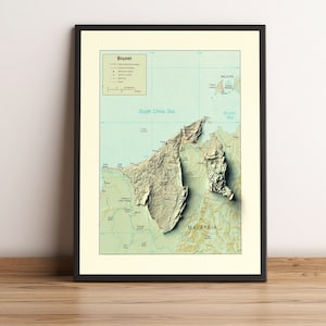 Brunei kaart, Brunei 2D-reliëfkaart, Brunei vintage kaart, Brunei poster, Brunei muurkunst, Brunei print-2D FLAT PRINT