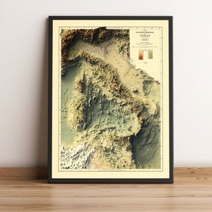 Mapa Batimétrico da Itália, Mapa em Relevo 2D da Itália, Mapa Vintage da Itália, Pôster da Itália, Arte de Parede da Itália, Impressão da Itália - IMPRESSÃO PLANA 2D