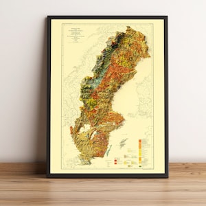 Kaart van Zweden, 2D-reliëfkaart van Zweden, vintage posterkaart van Zweden, Zweden kunst aan de muur, Zweden cadeau, Sverige Karta - 2D FLAT PRINT