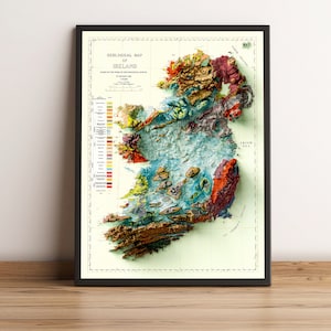 Carte de l'Irlande, carte en relief 2D de l'Irlande, carte vintage de l'Irlande, carte géologique de l'Irlande, décoration murale de l'Irlande, cadeau de l'Irlande - impression 2D à plat