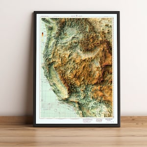 Carte de l'ouest des États-Unis, carte en relief 2D de l'ouest des États-Unis, vintage de l'ouest des États-Unis, cadeau vacances Ouest des États-Unis - Impression 2D à plat