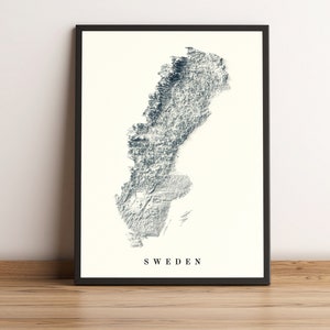 Kaart van Zweden, 2D-reliëfkaart van Zweden, minimalistische kaart van Zweden, Zweden kunst aan de muur, Zweden cadeau, Sverige Karta-2D FLAT PRINT