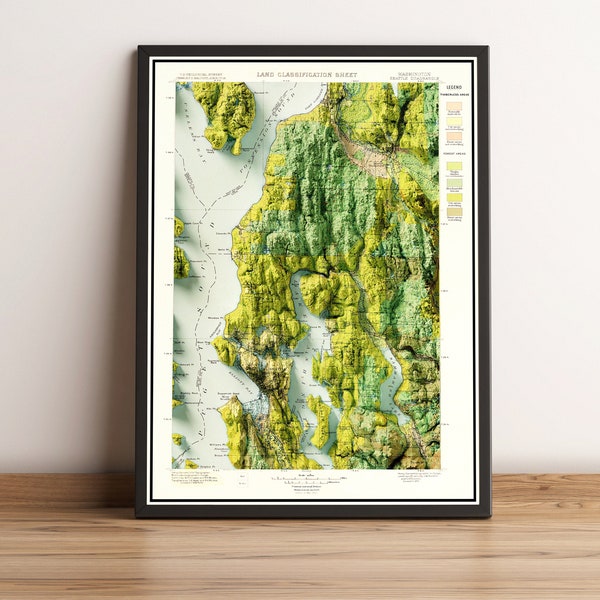 Seattle Map, Seattle 2D Relief Map, Seattle Historical Map, Seattle Vintage Map, Seattle Gift, Seattle Poster - 2D FLAT PRINT