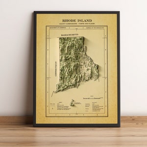 Rhode Island-kaart, Rhode Island 2D-reliëfkaart, vintage Rhode Island-kaart, Rhode Island Wall Art Poster - 2D FLAT PRINT