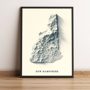 Kaart van New Hampshire, kaart van New Hampshire 2D-reliëf, minimalistische kaart van New Hampshire, cadeau van New Hampshire - 2D FLAT PRINT