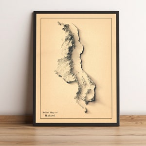 Malawi kaart, Malawi 2D-reliëfkaart, Malawi minimalistische poster, Malawi kunst aan de muur, Malawi cadeau - 2D FLAT PRINT