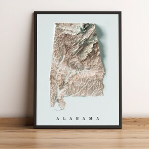 Kaart van Alabama, kaart met 2D-reliëf van Alabama, minimalistische kaart van Alabama, ingelijste kaart van Alabama, vintage poster van Alabama, kunst aan de muur Alabama - 2D FLAT PRINT