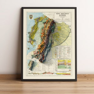 Kaart Ecuador, 2D-reliëfkaart Ecuador, vintage posterkaart Ecuador, Ecuador kunst aan de muur, Ecuador cadeau - 2D PLATTE PRINT