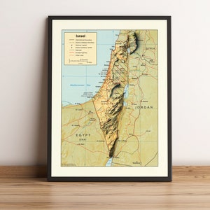Carte d'Israël, carte en relief 2D d'Israël, carte vintage d'Israël, affiche d'Israël, art mural Israël, impression d'Israël - impression 2D à plat