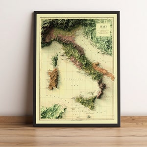 Italy Map, Italy 2D Relief Map, Italy Historical Map, Italy Vintage Map, Italy Print, Italy Wall Art, Italy Gift 2D FLAT PRINT image 1