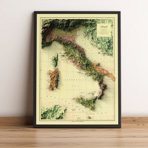 Italien Karte, Italien 2D Reliefkarte, Italien Historische Karte, Italien Vintage Karte, Italien Druck, Italien Wandkunst, Italien Geschenk - 2D FLACHDRUCK