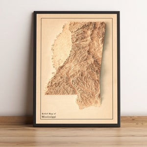 Kaart Mississippi, Mississippi 2D-reliëfkaart, Mississippi minimalistische kaart, Mississippi kunst aan de muur, Mississippi cadeau - 2D FLAT PRINT