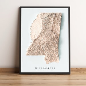 Kaart Mississippi, Mississippi 2D-reliëfkaart, Mississippi minimalistische kaart, Mississippi kunst aan de muur, Mississippi cadeau - 2D FLAT PRINT