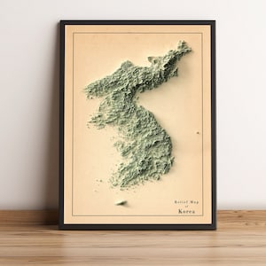 Nord- und SüdKoreas 2D Reliefkarte, Süd-Korea Vintage Poster Karte, Nord-Korea Wandkunst, Korea Geschenk - 2D FLACHDRUCK