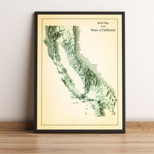 Kaart van Californië, Californië 2D-reliëfkaart, Californië print, Californië minimalistische muurkunst, Californië cadeau - 2D FLAT PRINT