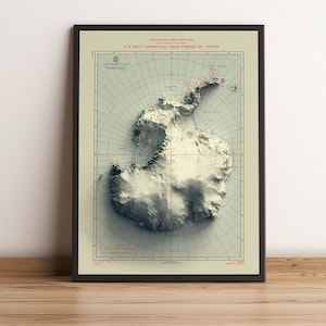 Mapa da Antártida, Mapa de relevo 2D da Antártida, Mapa vintage da Antártida, Mapa topográfico da Antártida, Arte de parede da Antártida, Presente da Antártida - IMPRESSÃO PLANA 2D