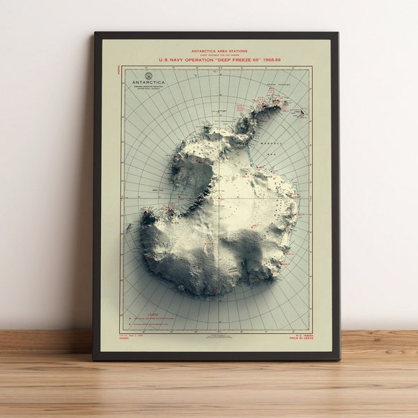 Mapa de la Antártida, Mapa de relieve 2D de la Antártida, Mapa vintage de la Antártida, Mapa topográfico de la Antártida, Arte de la pared de la Antártida, Regalo de la Antártida - IMPRESIÓN PLANA 2D