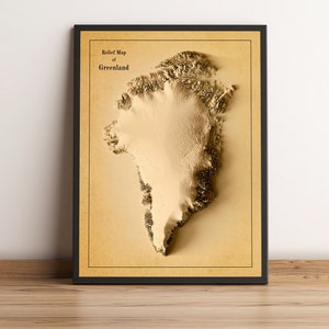 Greenland Map, Greenland 2D Relief Map, Denmark Map, Greenland Print, Greenland Vintage Poster Map, Greenland Minimalist Map - 2D FLAT PRINT