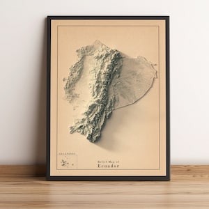 Kaart Ecuador, Ecuador 2D-reliëfkaart, Ecuador minimalistische poster, Ecuador kunst aan de muur, Ecuador cadeau - 2D PLATTE PRINT