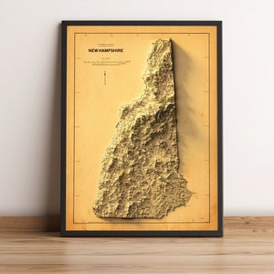New Hampshire Karte, New Hampshire 2D Reliefkarte, New Hampshire Vintage alte Karte, New Hampshire Poster Geschenk - 2D FLACHDRUCK