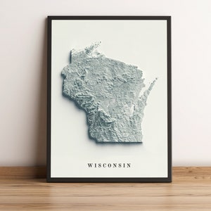 Mapa de Wisconsin, Mapa de relevo 2D de Wisconsin, Pôster minimalista de Wisconsin, Presente de Wisconsin, Arte de parede de Wisconsin - IMPRESSÃO PLANA 2D