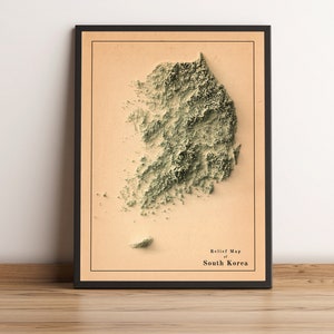 Kaart van Zuid-Korea, 2D-reliëfkaart van Zuid-Korea, vintage printkaart Zuid-Korea, Zuid-Korea kunst aan de muur, minimalistische kaart Zuid-Korea - 2D FLAT PRINT