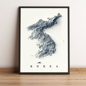 Kaart Koreas, Noord- en Zuid-Korea 2D-reliëfkaart, Zuid-Korea vintage posterkaart, Noord-Korea kunst aan de muur, Korea cadeau - 2D PLATTE PRINT