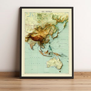 Asia Map, Asia 2D Relief Map, Asia Vintage Map, Asia Poster, Australia Relief Map, Asia Holidays Gift, Asia Wall Art - 2D FLAT PRINT