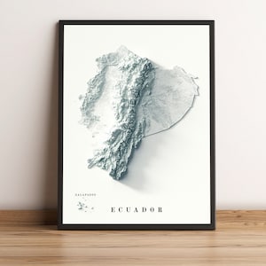 Kaart Ecuador, Ecuador 2D-reliëfkaart, Ecuador minimalistische poster, Ecuador kunst aan de muur, Ecuador cadeau - 2D PLATTE PRINT