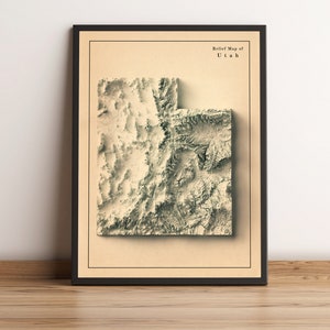 Kaart van Utah, 2D-reliëfkaart van Utah, minimalistische poster van Utah, Utah cadeau, Utah Wall Art, gedrukte kaart van Utah - 2D FLAT PRINT