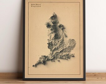 Mapa de Inglaterra, Mapa en relieve de Inglaterra, Póster minimalista de Inglaterra, Arte mural de Inglaterra, Regalo de Inglaterra - IMPRESIÓN PLANA 2D