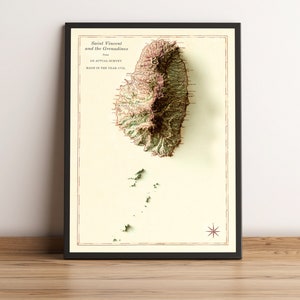Kaart van St. Vincent en de Grenadines, 2D-reliëfkaart van St. Vincent en de Grenadines, vintage kaart van Saint Vincent - 2D FLAT PRINT