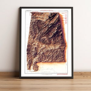 Alabama Map, Alabama 2D Relief Map, Alabama Historical Map, Alabama Vintage Poster Map, Alabama Gift Map - 2D FLAT PRINT