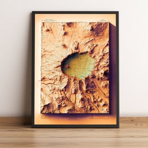 Kaart Crater Lake Oregon (zonsondergangversie), 2D-reliëfkaart Crater Lake, vintage kaart Crater Lake, minimalistische kaart Crater Lake - 2D FLAT PRINT