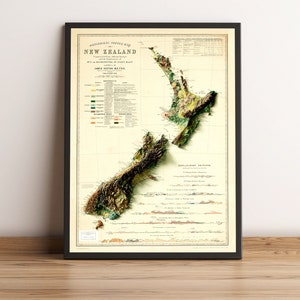 Mapa da Nova Zelândia, Mapa de relevo 2D da Nova Zelândia, Mapa geológico da Nova Zelândia, Mapa vintage da Nova Zelândia, Presente da Nova Zelândia - IMPRESSÃO PLANA 2D