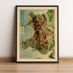 Carte du Pays de Galles, carte en relief 2D, carte vintage du Pays de Galles, carte ancienne du Pays de Galles, carte de Cymru, carte du Royaume-Uni, impression du Pays de Galles, cadeau du Pays de Galles - impression 2D à plat
