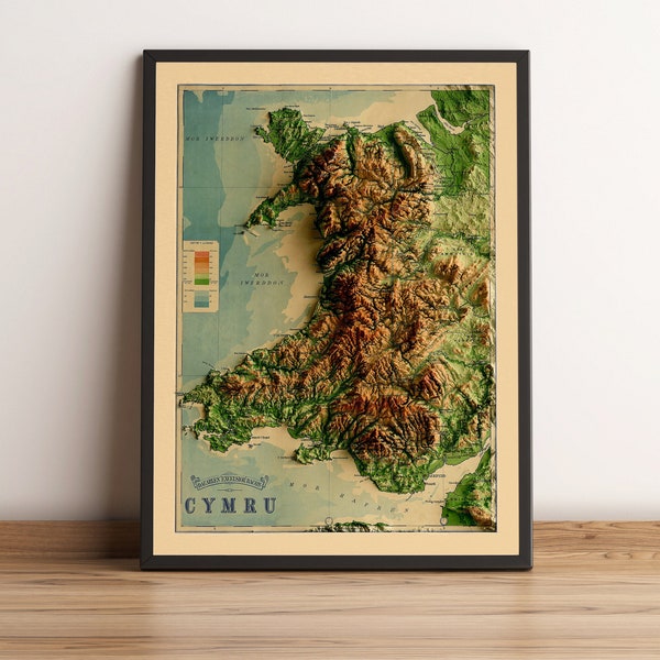 Mapa de Gales, Mapa en relieve 2D de Gales, Mapa vintage de Gales, Mapa antiguo de Gales, Mapa de Cymru, Mapa del Reino Unido, Impresión de Gales, Regalo de Gales - IMPRESIÓN PLANA 2D