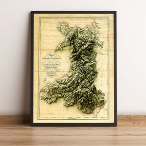 Kaart van Wales, 2D-reliëfkaart van Wales, antieke kaart van Wales, vintage kaart van Wales, print van Wales, wanddecoratie van Wales, cadeau van Wales - 2D PLATTE PRINT