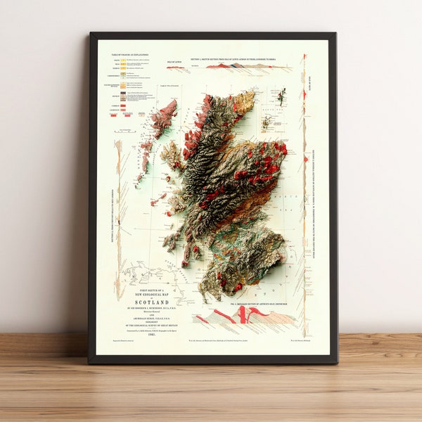 Mapa de Escocia, Mapa geológico de Escocia, Mapa en relieve 2D de Escocia, Vintage de Escocia, Arte de la pared de Escocia, Regalo de Escocia - IMPRESIÓN PLANA 2D
