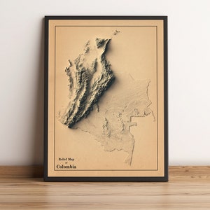 Kolumbien Karte, Kolumbien 2D Reliefkarte, Kolumbien Vintage Karte, Kolumbien Minimalistische Karte, Kolumbien Geschenk, Kolumbien Wanddekor - 2D FLACHDRUCK
