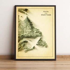Kaart van Atlantisch Canada, 2D-reliëfkaart Canada, vintage kaart Labrador, kaart van Newfoundland, kaart van Newfoundland, kaart New Brunswick, cadeau Canada - 2D FLAT PRINT