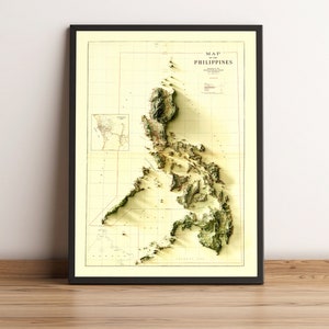 Mapa das Filipinas, Mapa de relevo 2D das Filipinas, Cartaz de arte de parede das Filipinas, Mapa vintage das Filipinas, Presente das Filipinas - IMPRESSÃO PLANA 2D